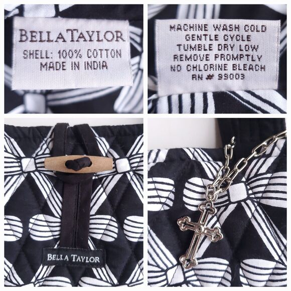 Bella Taylor Tote Shoulder Bag Black White 100% Cotton Double Handle Cross Charm - Picture 2 of 12